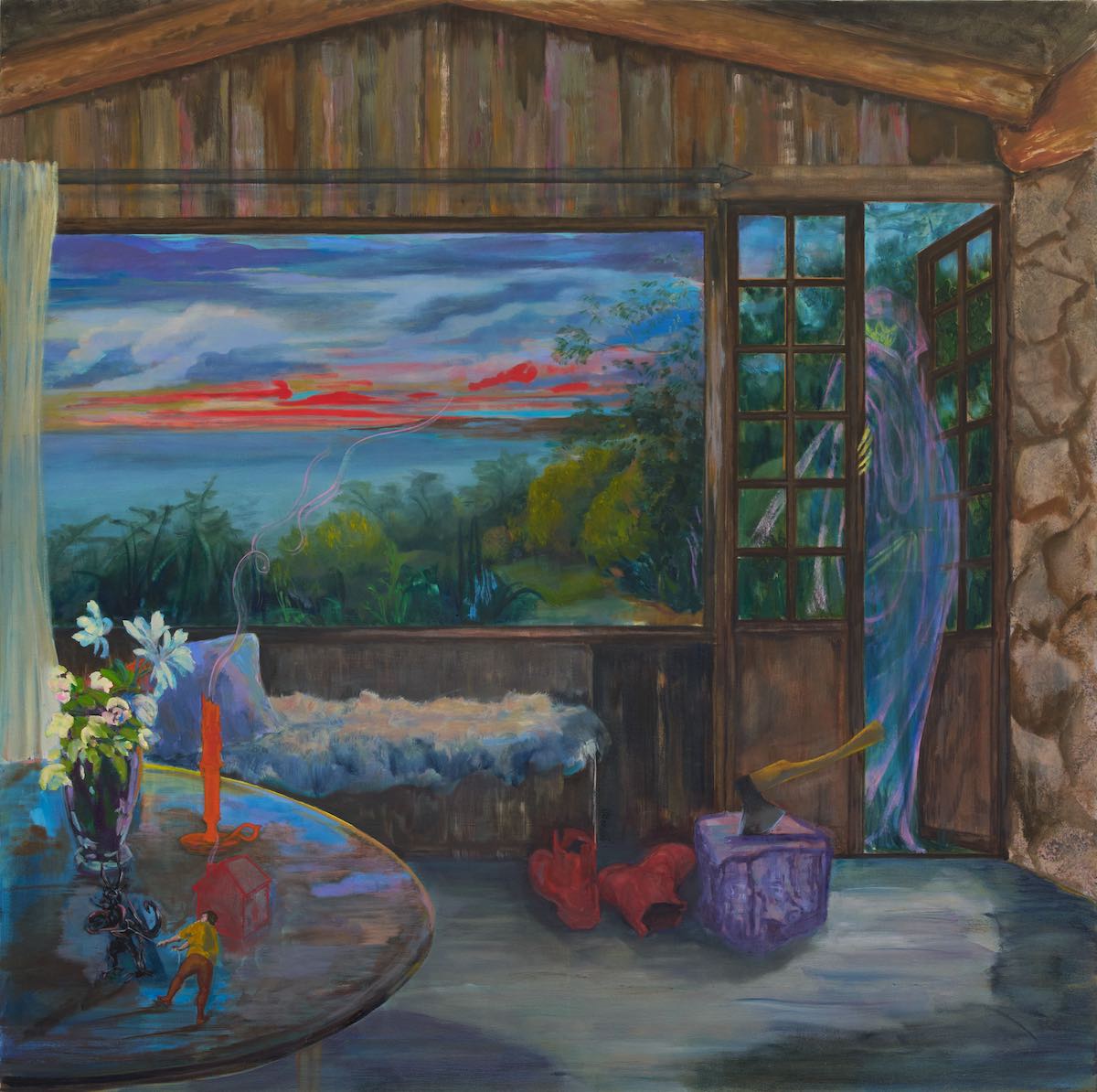 A painting depicting an interior scene with a wooden structure, featuring a table with a vase of flowers and a candle. There is an open window showcasing a sunset over water, surrounded by greenery. The floor has various objects including buckets and a plush seat.