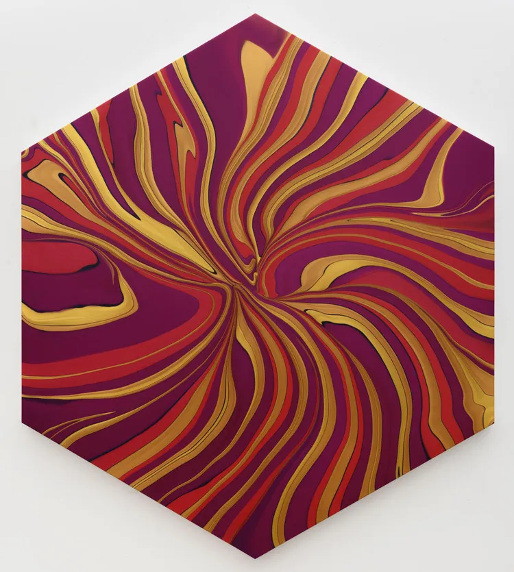Abstract artwork featuring swirling patterns in shades of purple, red, and gold on a hexagonal canvas.