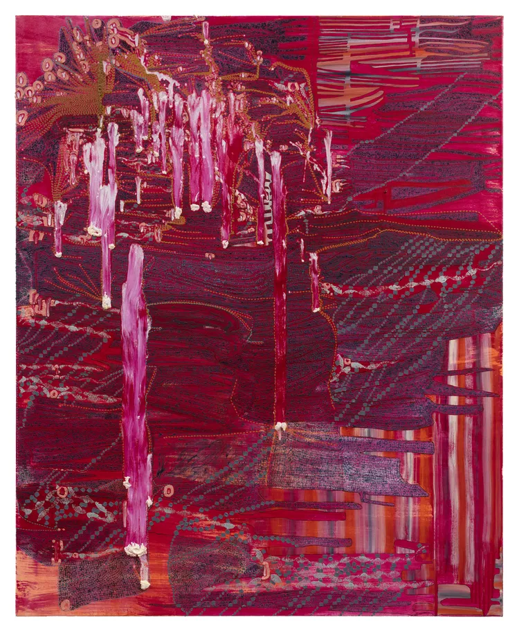 Abstract artwork with rich reds, layered textures, and dynamic brush strokes creating a sense of movement.