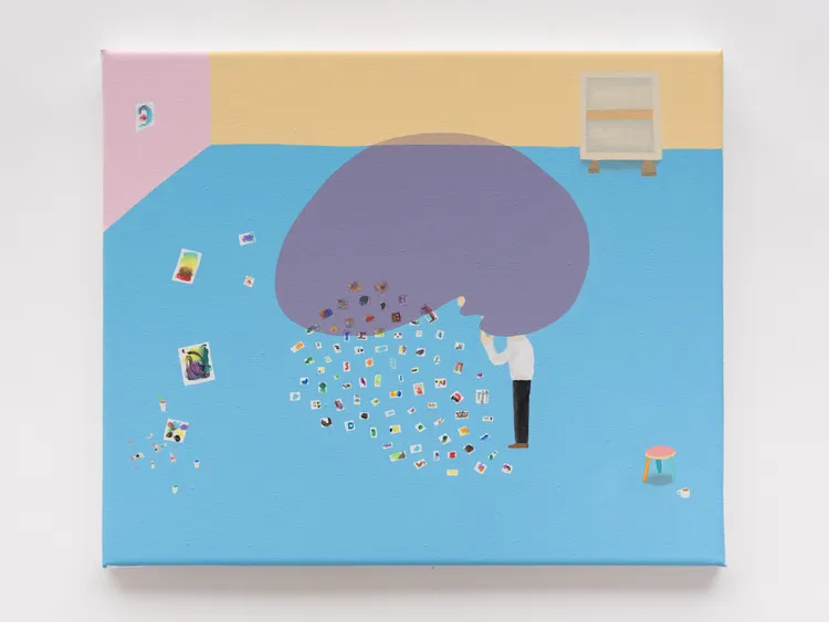 A colorful painting depicting a person looking through scattered photographs on a blue floor, with a large purple blob above them and light pastel walls.