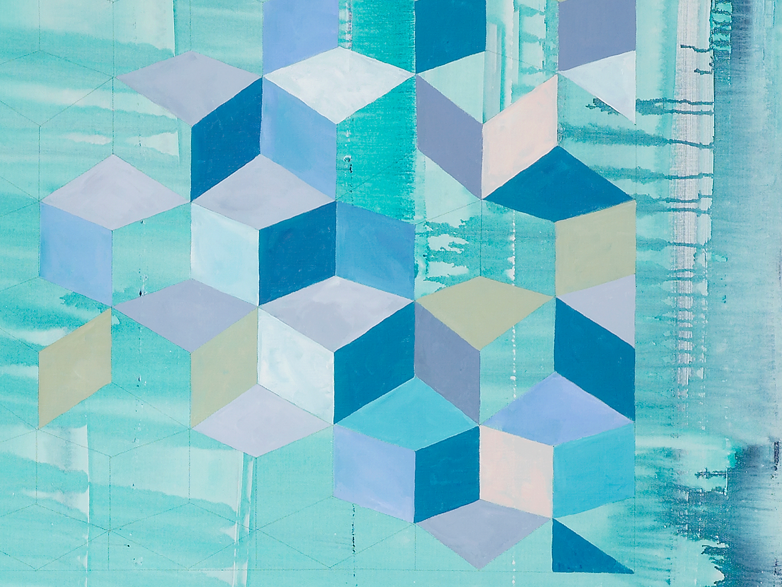 An abstract artwork featuring geometric shapes in various shades of blue, light green, and soft pastel colors arranged in a repeating pattern against a textured background.