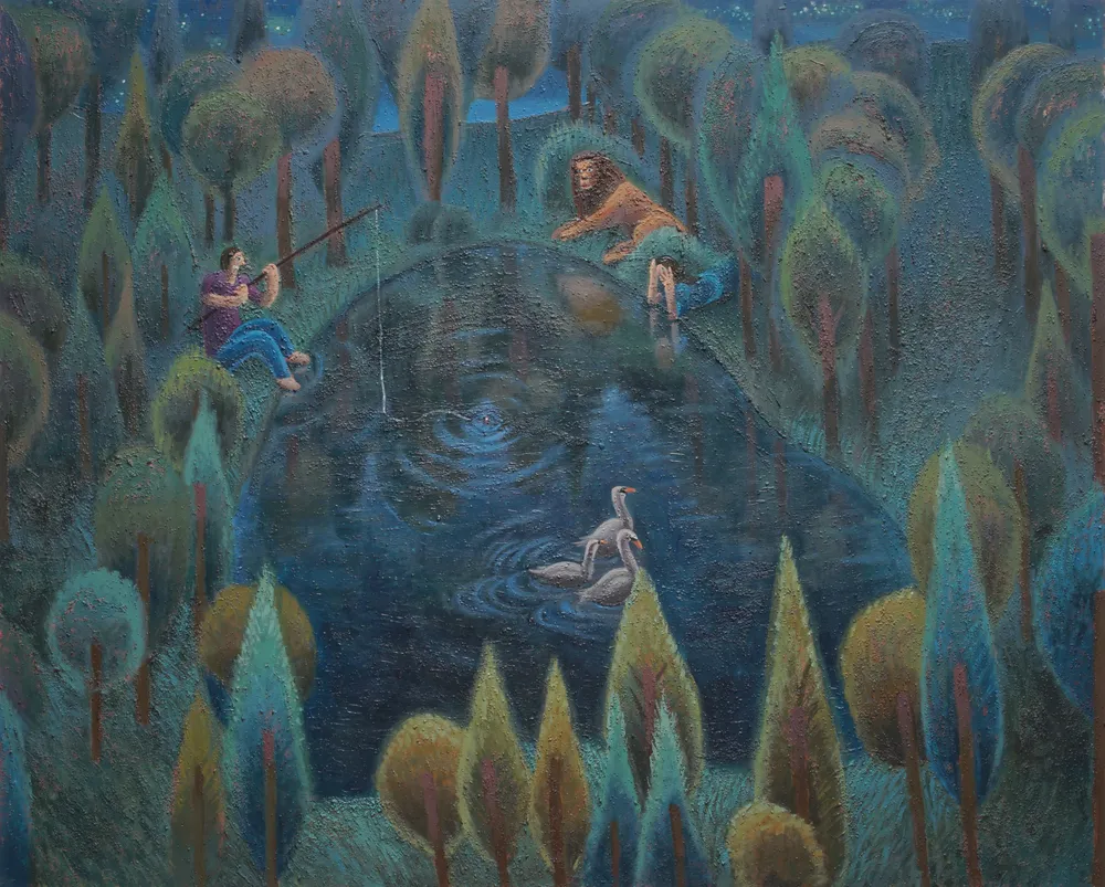 A serene outdoor scene featuring a tranquil pond surrounded by trees. A woman is fishing at the edge of the pond, while a lion and another figure are nearby. Two swans are swimming in the water, with a starry sky visible above. The colors are soft and muted, creating a dreamlike atmosphere.