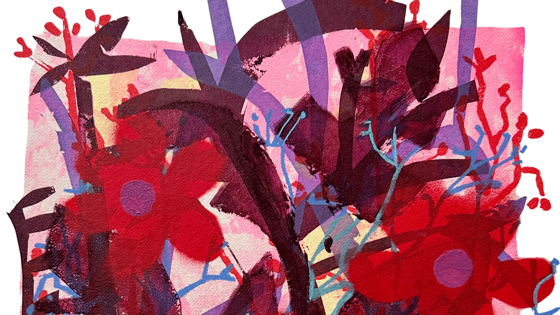 A vibrant abstract painting featuring bold red flowers, dark foliage, and contrasting colorful shapes against a pink background.