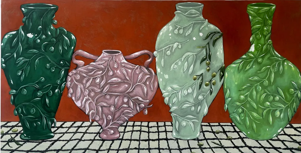 A painting depicting four decorative vases in various colors (green, pink, and light green) with leaf motifs on a checkered tablecloth against a red background.