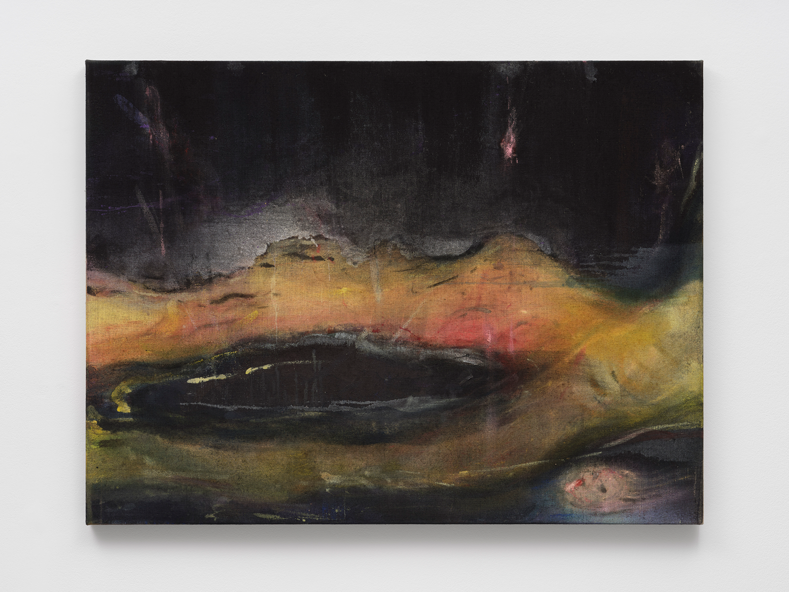 An abstract painting featuring dark colors with swirling patterns and vibrant hues of orange, yellow, and black.