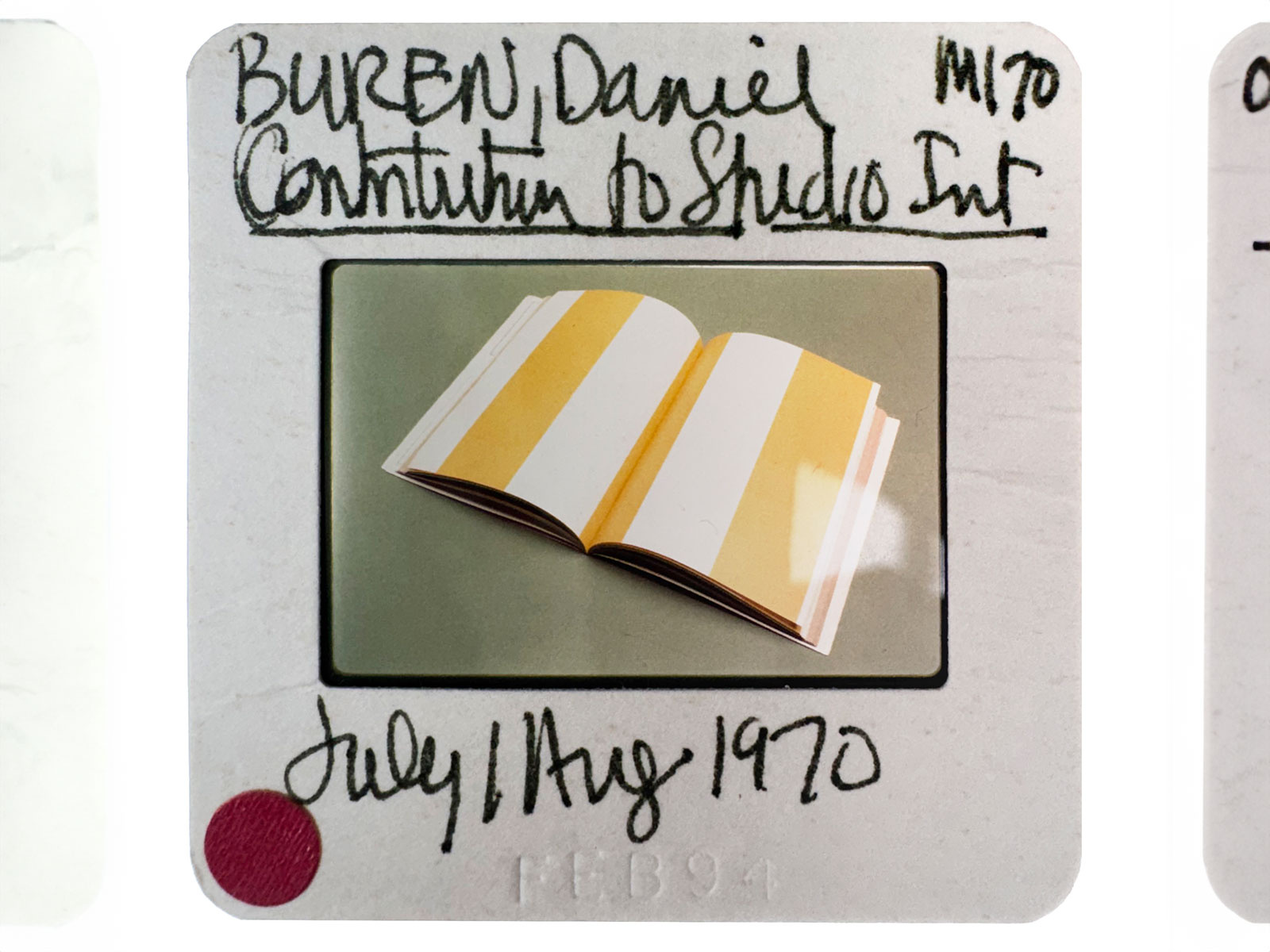 Byren, Daniel. Contributor to Studio Int. July/Aug 1970. Image of an open book with yellow and white pages.
