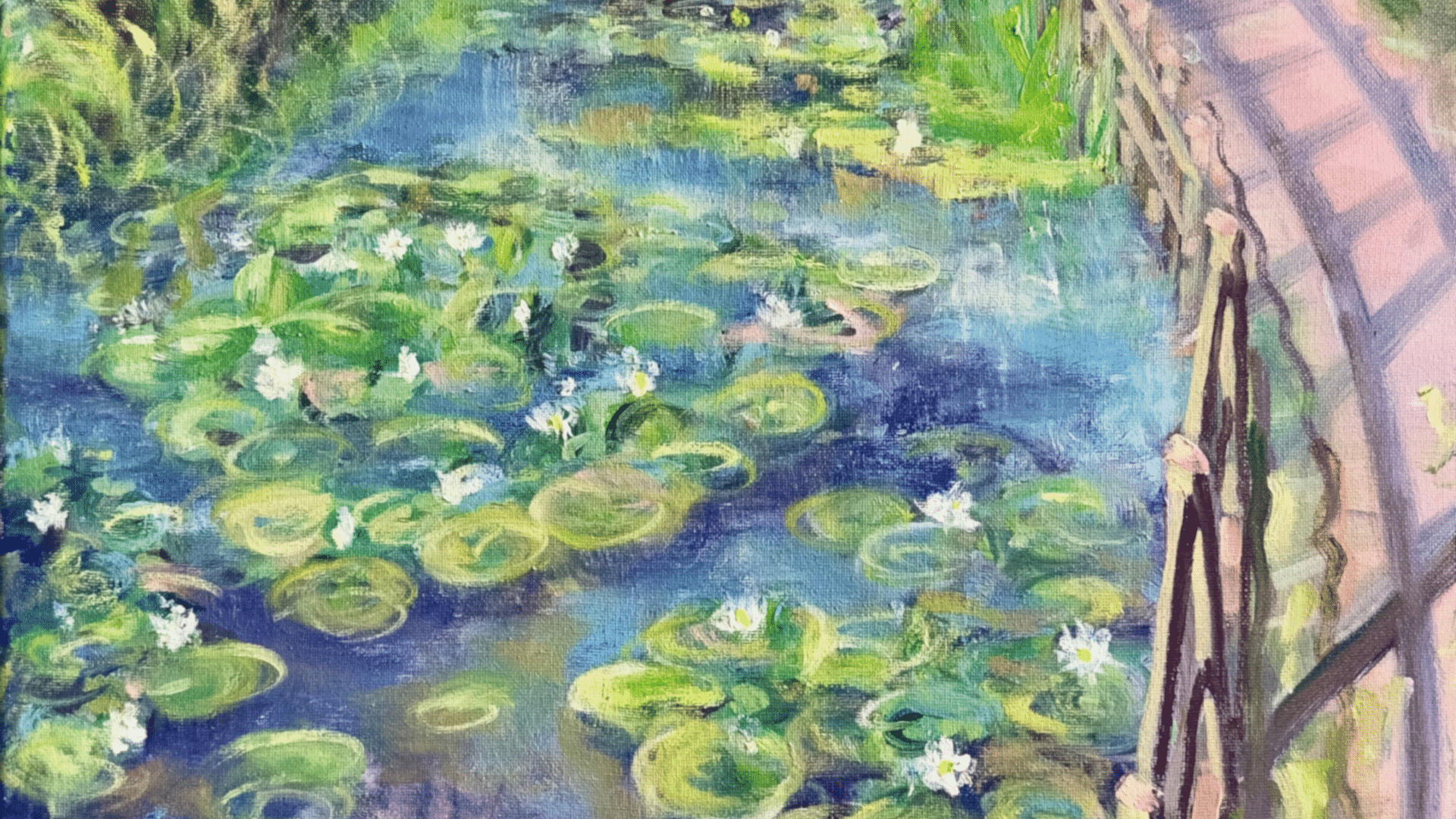 A serene water scene with green lily pads and white flowers on a blue pond, bordered by a wooden bridge.