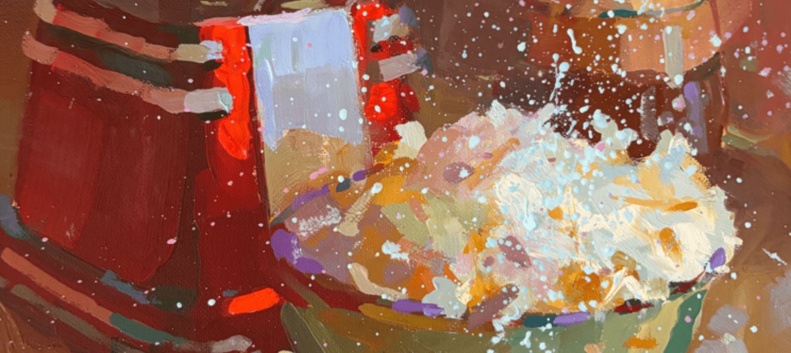 A colorful, abstract painting of a plate with food and a red utensil in the background.