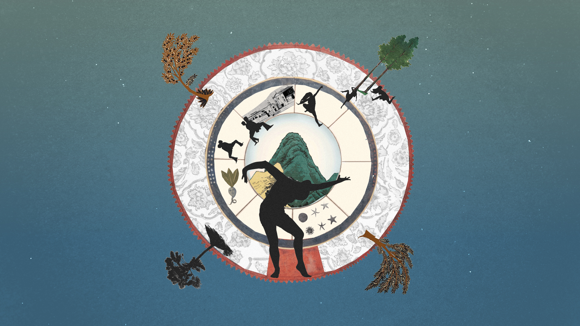 A circular design featuring a central silhouette of a dancer, surrounded by various stylized trees and mountains, with intricate patterns forming the circle's border.