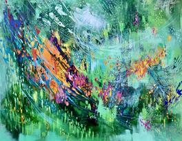 Abstract painting with vibrant colors and dynamic brush strokes, featuring greens, blues, and splashes of orange and purple.