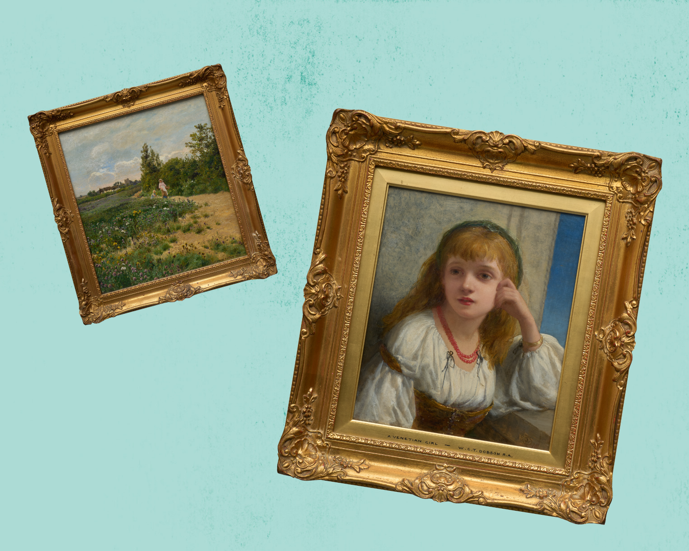 Two framed paintings on a light blue background. The left painting depicts a landscape with greenery and fields, while the right shows a portrait of a girl with long, red hair, resting her chin on her hand. Both frames are ornate and gold in color. | 2026 Museum of Croydon