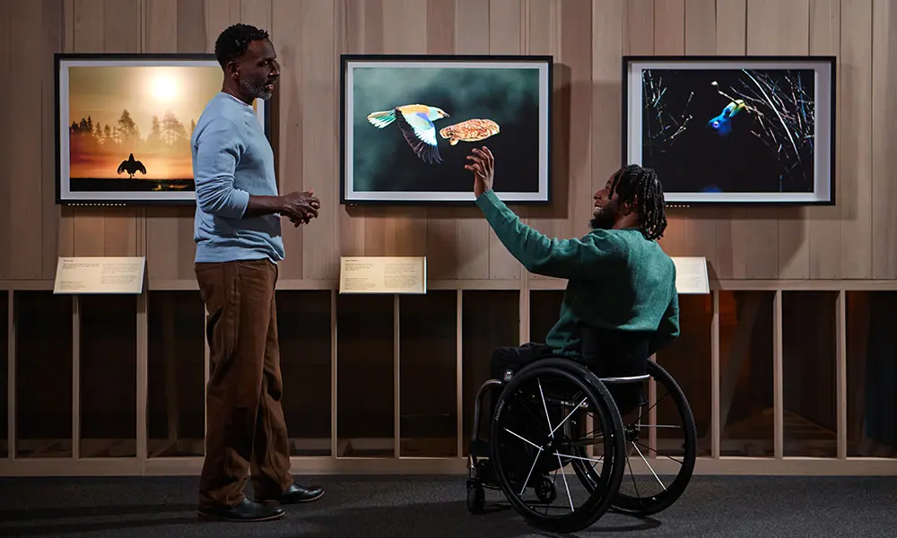 Two men interact in an art gallery, with one sitting in a wheelchair and gesturing towards framed images on the wall while the other stands nearby.