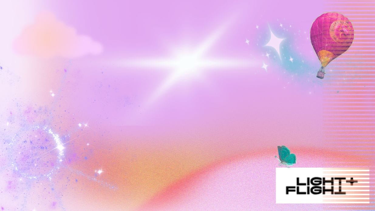 A colorful backdrop featuring a pastel gradient with a hot air balloon, sparkling effects, and the text "LIGHT+FLIGHT" at the bottom right.