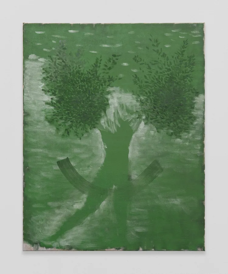 A painting featuring a mostly green background with abstract shapes resembling trees or foliage, and a figure in the foreground that is difficult to distinguish.