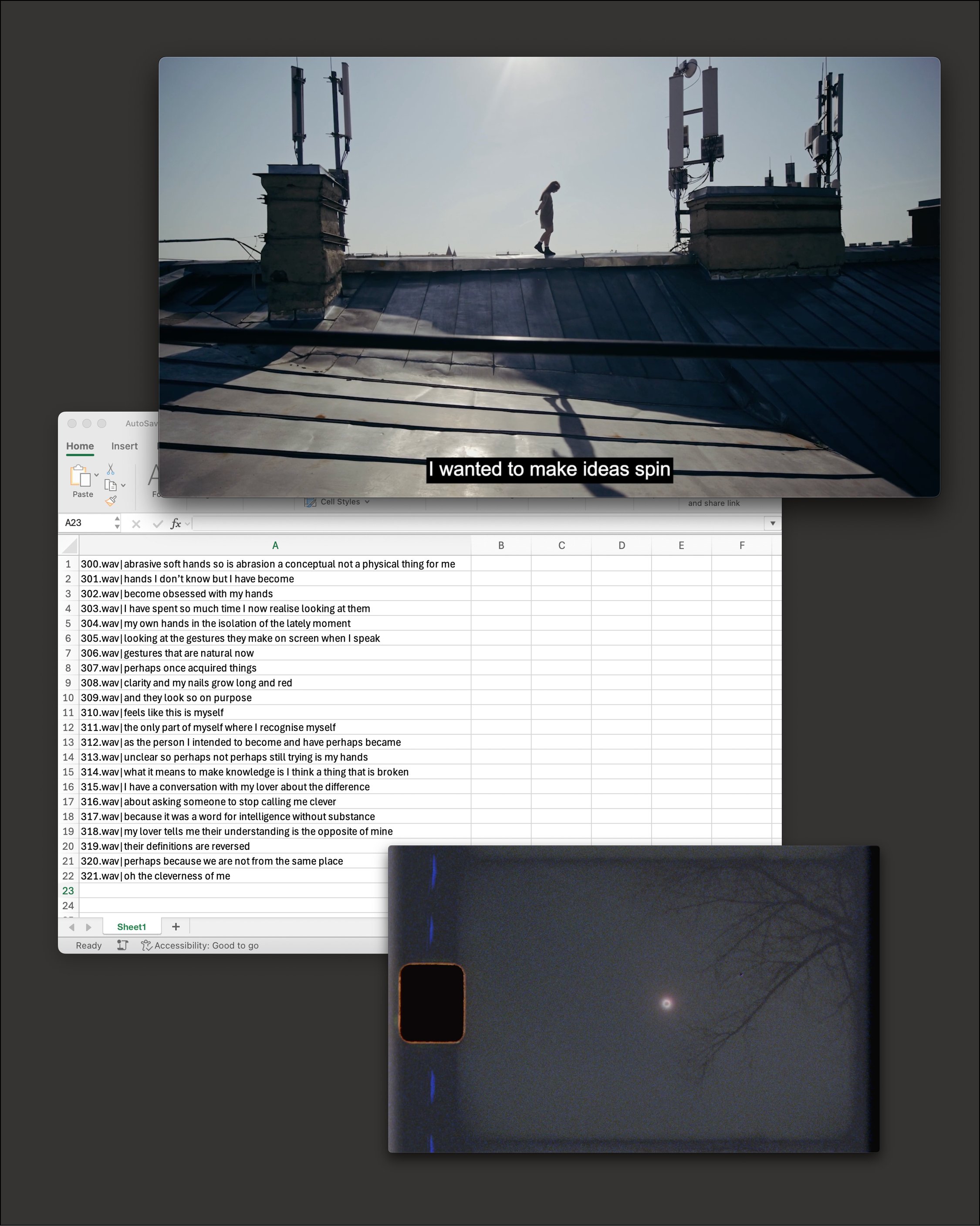 A person walking on a rooftop with text overlay that says "I wanted to make ideas spin," accompanied by an Excel spreadsheet and a smartphone on a dark background.