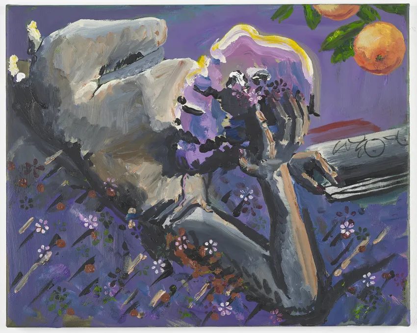 A stylized painting featuring a figure reclining with their head resting on one hand, surrounded by abstract floral patterns and orange fruits in the background. The colors are vibrant and layered, with a mix of purples, pinks, and blacks.