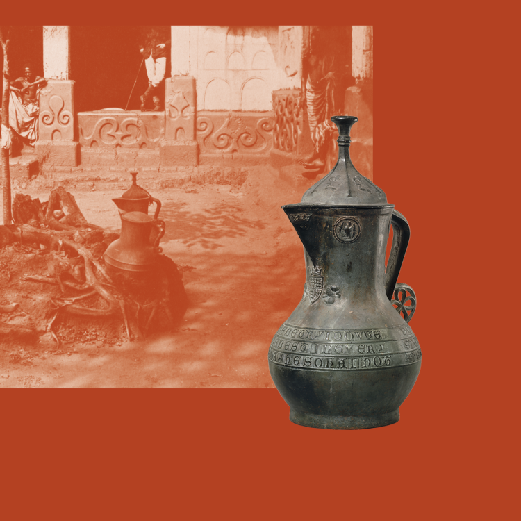 A bronze pitcher with a handle and spout, displayed in front of an orange background featuring an abstract depiction of a historical scene with pots and figures.