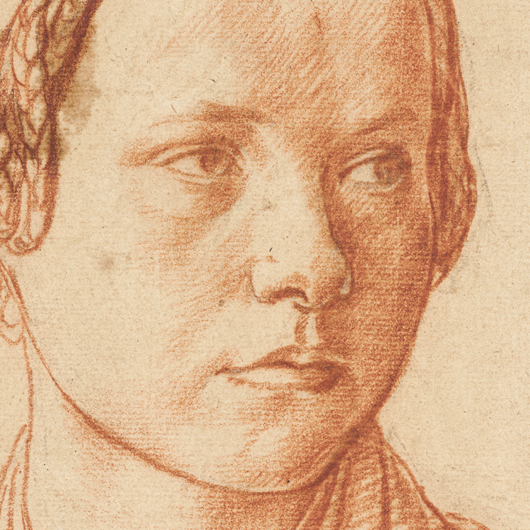 A close-up drawing of a young person's face, featuring detailed lines capturing the contours and expressions, with warm tones emphasizing their features.