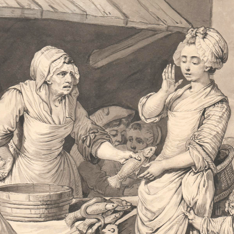 A historical illustration depicting a market scene with two women: one is handing a fish to the other, who appears surprised or concerned. Various fish are displayed around them, with additional figures partially visible in the background.