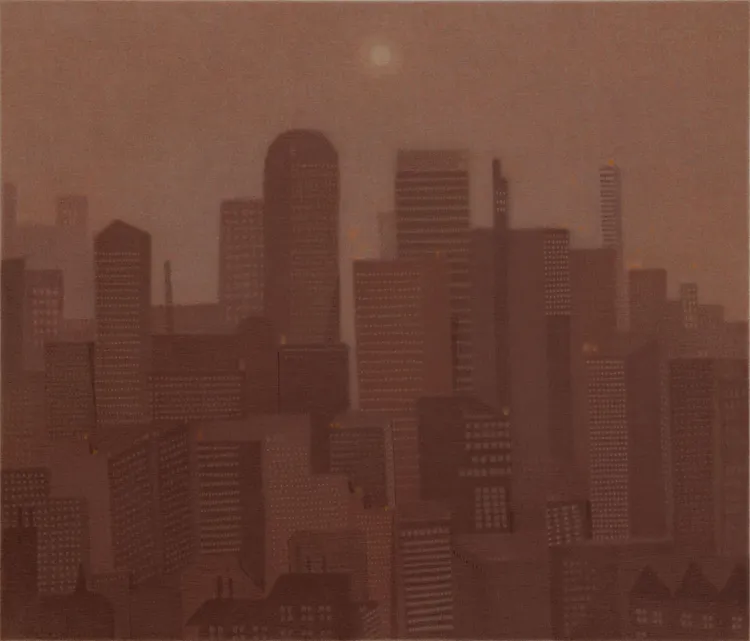A hazy skyline of a city with tall buildings, likely during sunset or sunrise, featuring a warm, muted color palette that gives the scene a foggy appearance. | 2026 Cooke Latham