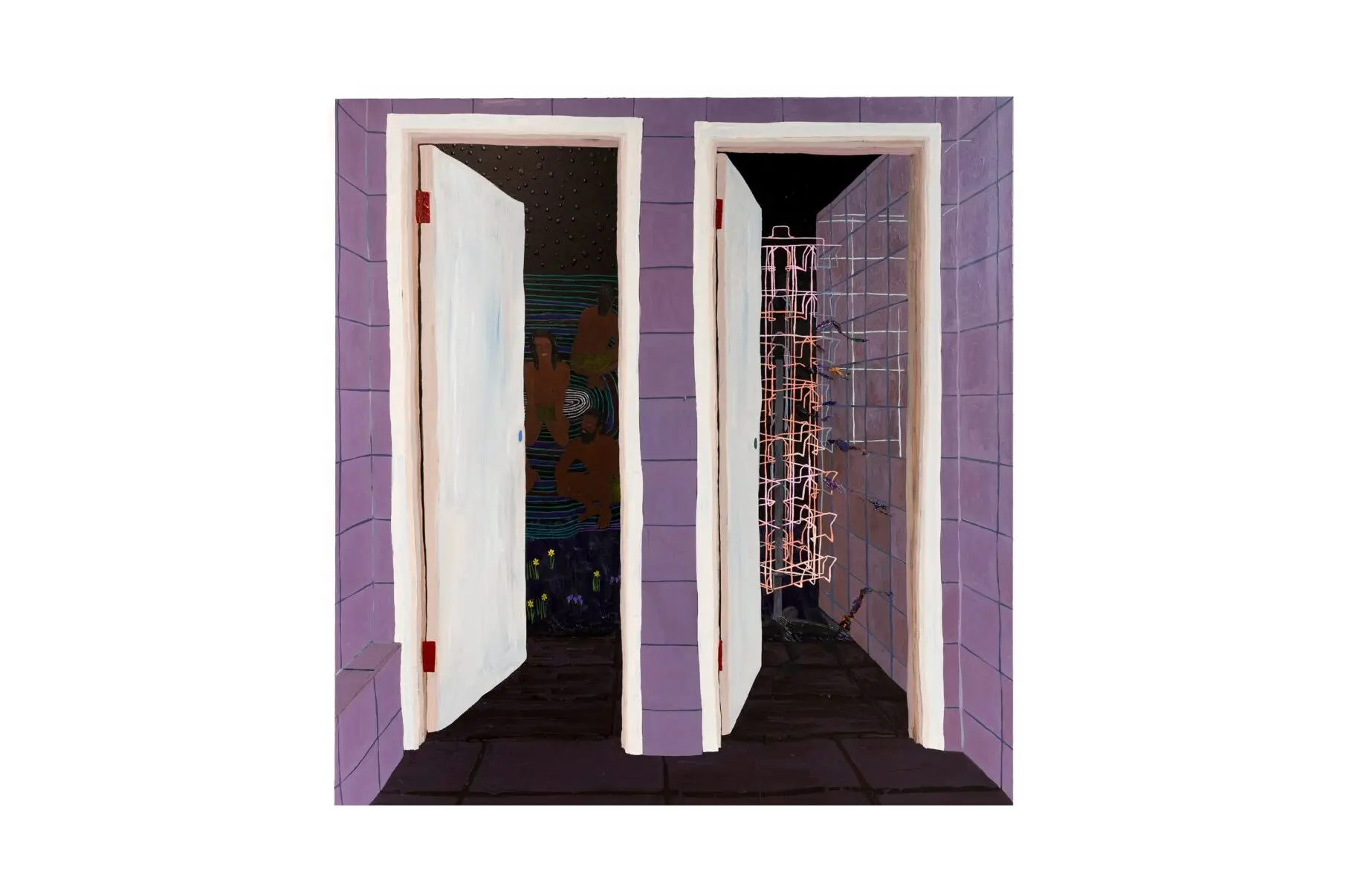 A digital illustration of two open doors in a purple-walled hallway. One door appears to lead to a dark space, while the other shows hints of various colors and shapes within.
