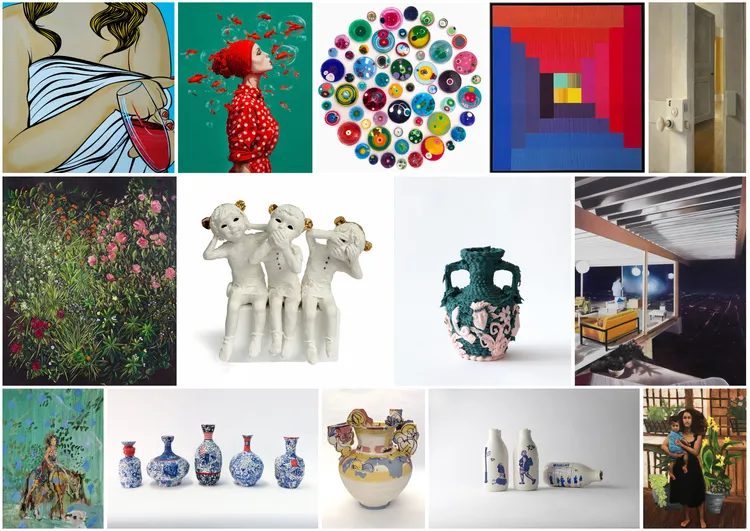 A collage of various artworks including a painting of a woman with a drink, a whimsical girl surrounded by flowers, colorful glass spheres, a geometric abstract piece, images of floral paintings, two ceramic figures, an intricately designed vase, and different styles of decorative vases.