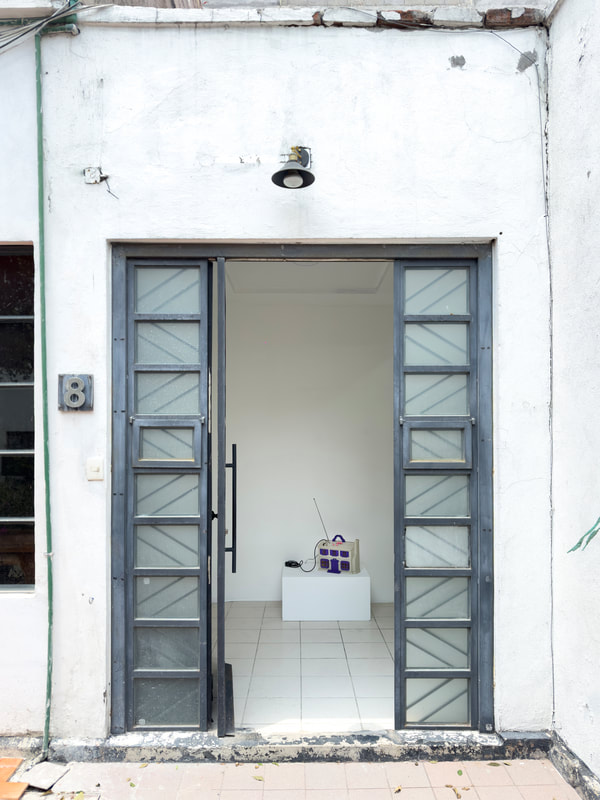 A modern entryway with double glass doors leading into a minimalistic interior space, featuring white walls and tiled floors.
