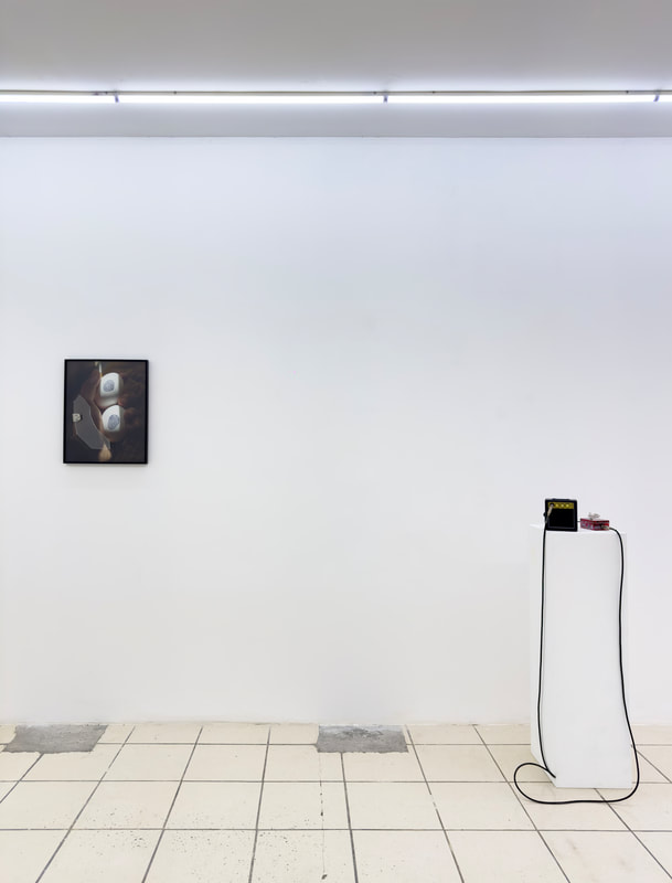 A minimalistic art gallery interior with a single framed artwork on the left wall and a white pedestal displaying an object on the right side, set against a plain white background.