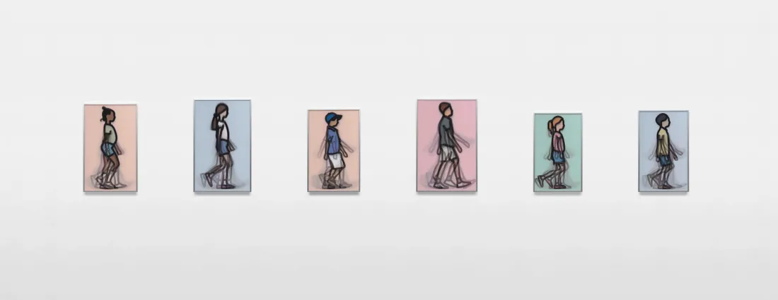 Illustration of six stylized figures walking in different poses, each depicted on individual rectangular blocks with varying pastel background colors.