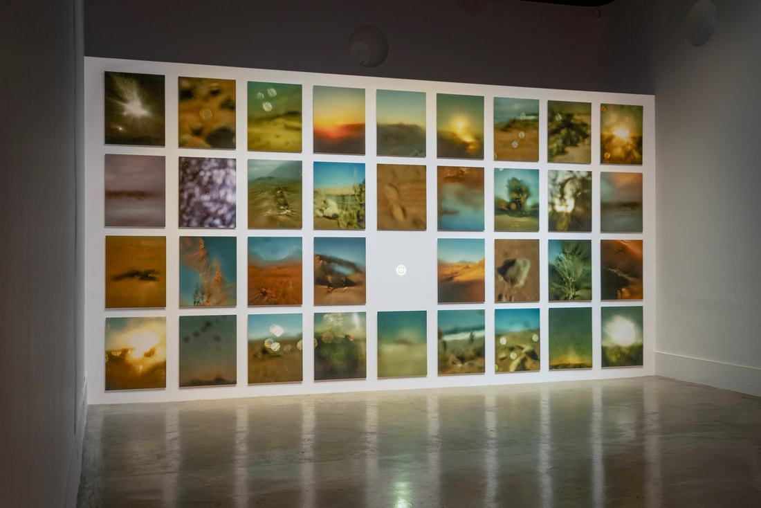 A gallery wall displaying a grid of various photographs with landscape and abstract imagery, arranged in a modern art setting.