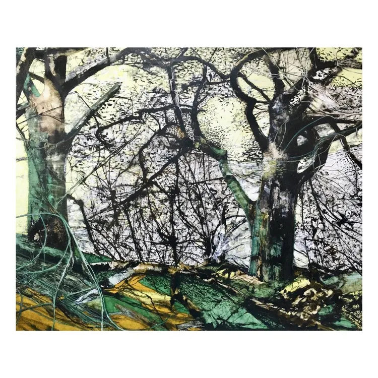 An abstract depiction of a forest scene featuring trees with intricate patterns and textures, layered in various shades of green, yellow, and black. The composition conveys a sense of depth and complexity in the natural landscape.