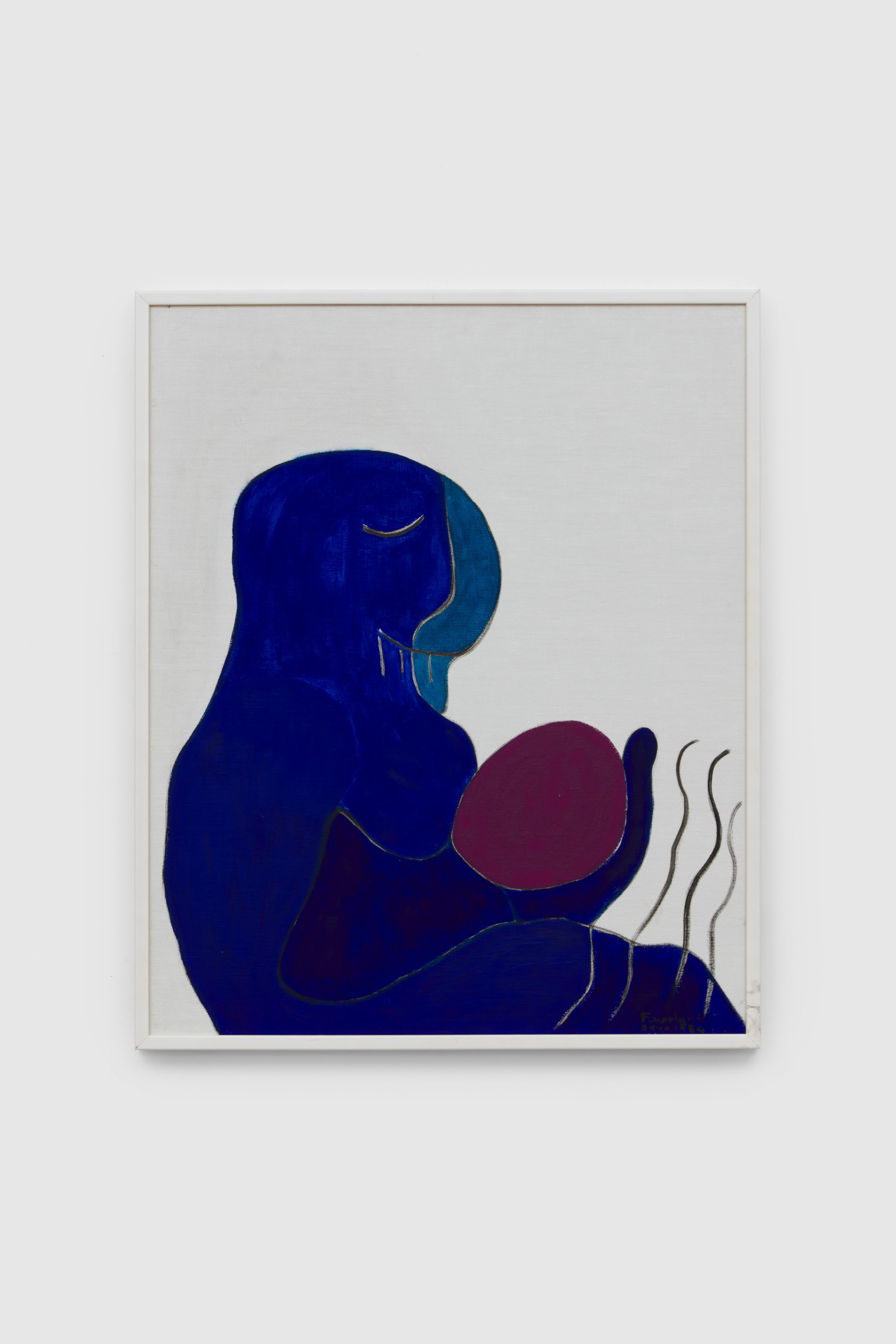 An abstract painting featuring a blue figure holding an oval shape, with minimal lines suggesting movement or emotion. The background is white, and the figure includes shades of purple. The overall composition is simple yet evocative.