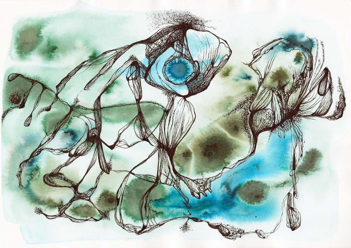 Abstract watercolor and ink illustration depicting organic shapes and flowing lines in shades of blue, green, and brown.