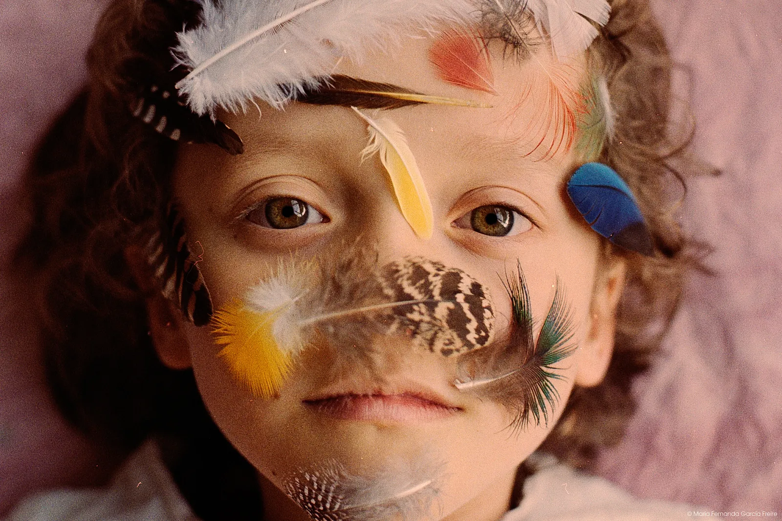 A child with curly hair has various colorful feathers placed on their face, creating an artistic and whimsical appearance.
