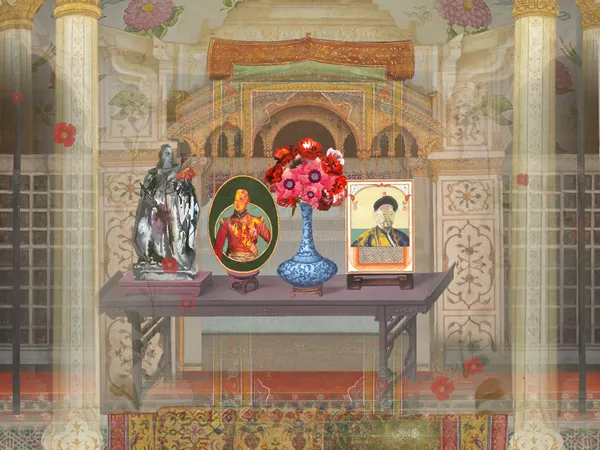 A decorative display featuring a table with a blue vase of flowers, framed images of historical figures, and a statue on an ornate backdrop. | 2026 Victoria Miro