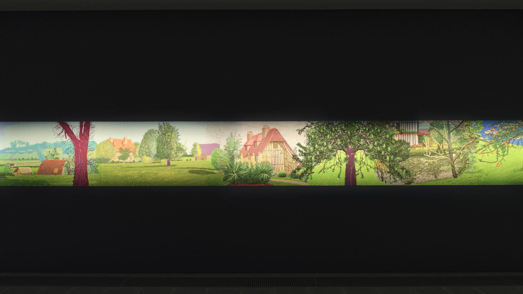 A panoramic landscape artwork featuring rolling hills, trees, and quaint buildings in a countryside setting. The scene has a bright color palette with various shades of green and touches of other colors depicting homes and nature.