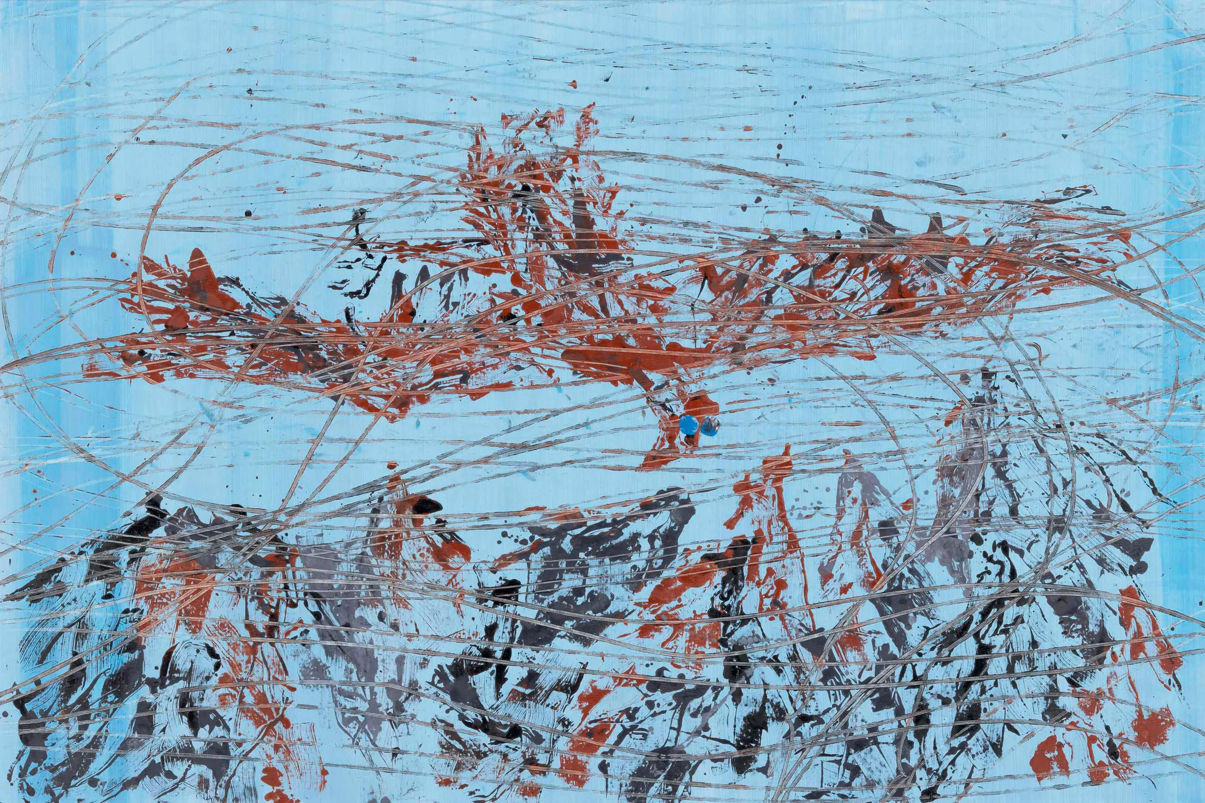 Abstract artwork featuring a mix of blue, orange, black, and gray brushstrokes creating a dynamic composition.
