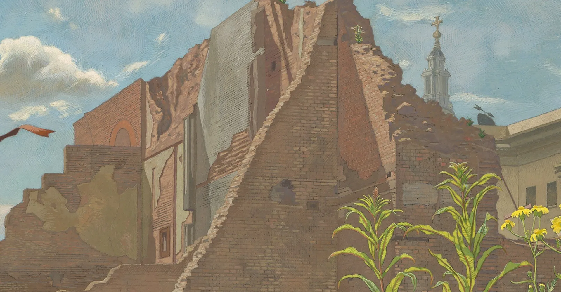 A surreal depiction of a crumbling wall with colorful plants in the foreground, under a blue sky with some clouds. The wall features varying textures and colors, suggesting decay and history.