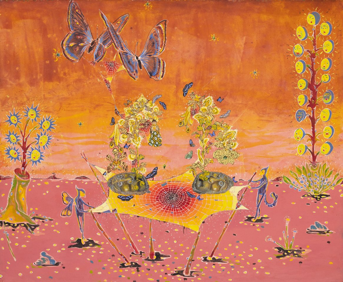 A colorful abstract painting featuring whimsical figures, vibrant plants, and butterflies against a warm background. The scene includes two central shapes resembling flowers or plants, with intricate patterns and bright colors throughout the work.
