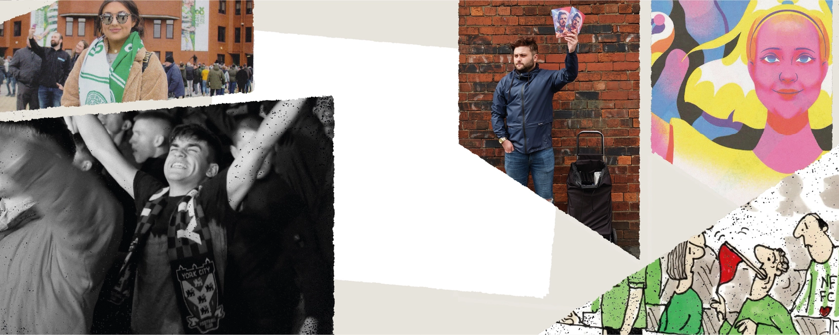 A collage featuring diverse groups of people at a celebration, including someone holding up a magazine, individuals cheering with scarves, and colorful artwork in the background.