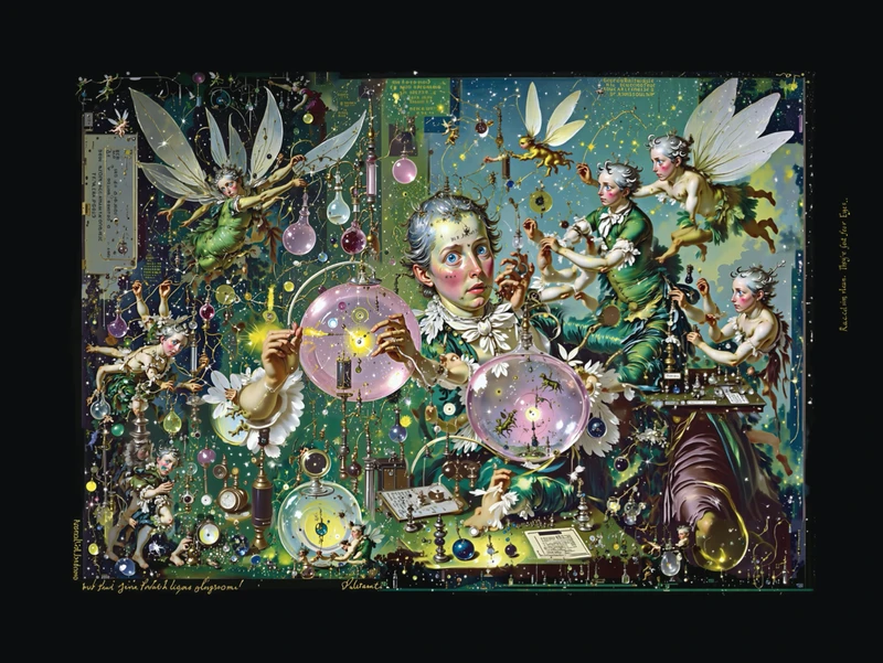 A vibrant and whimsical illustration featuring a central figure with an expressive face, surrounded by various fairies and magical elements. The scene is richly adorned with colorful orbs, stars, and sparkling details that create a fantastical atmosphere. | 2026 Josh Lilley