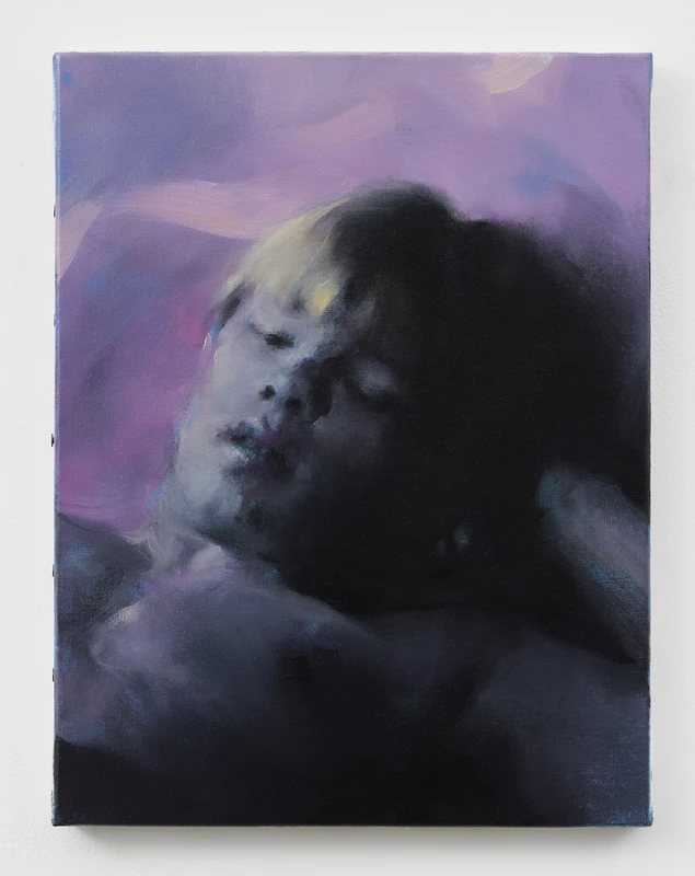 A painting of a person with closed eyes, depicted in soft, muted colors with a blend of purple and black tones. The expression conveys a sense of calm or introspection. | 2026 Maureen Paley