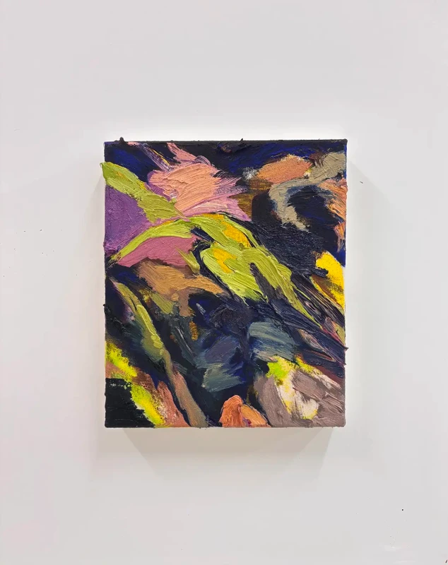 A small abstract painting featuring bold and vibrant brush strokes in various colors, including purple, green, yellow, and dark tones. The painting has a textured surface and is mounted on a white wall. | 2026 Cecilia Brunson Projects