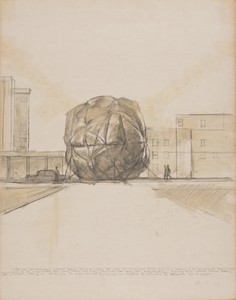 A sketch of a large spherical sculpture, partially covered in wrinkled material, set in an urban environment with buildings and figures in the foreground.