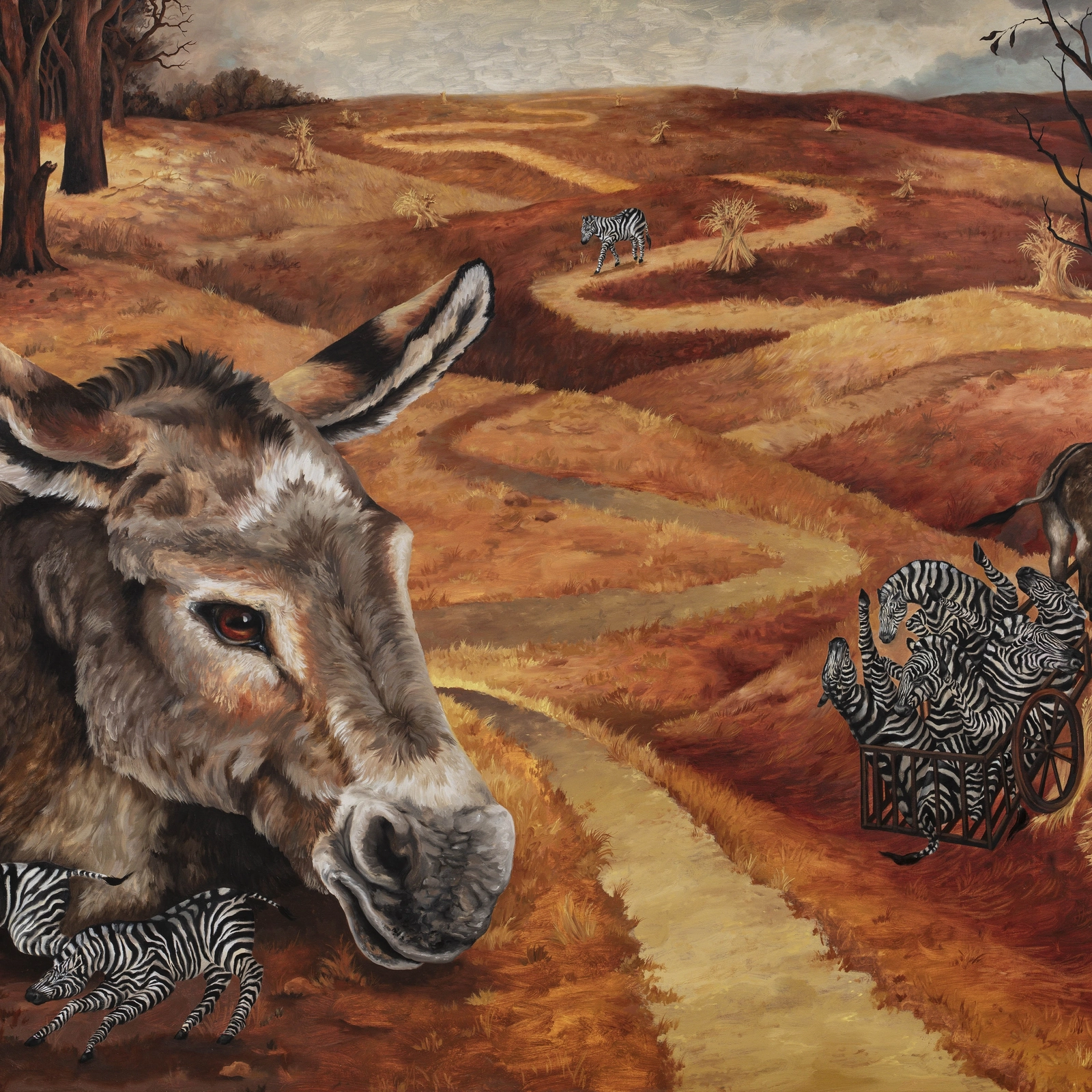 A surreal landscape featuring a large donkey's head in the foreground, with rolling hills painted in warm autumn colors. In the background, there are zebras scattered across the landscape and one being pulled in a cart. The overall scene evokes a dreamlike quality. | 2026 Pilar Corrias