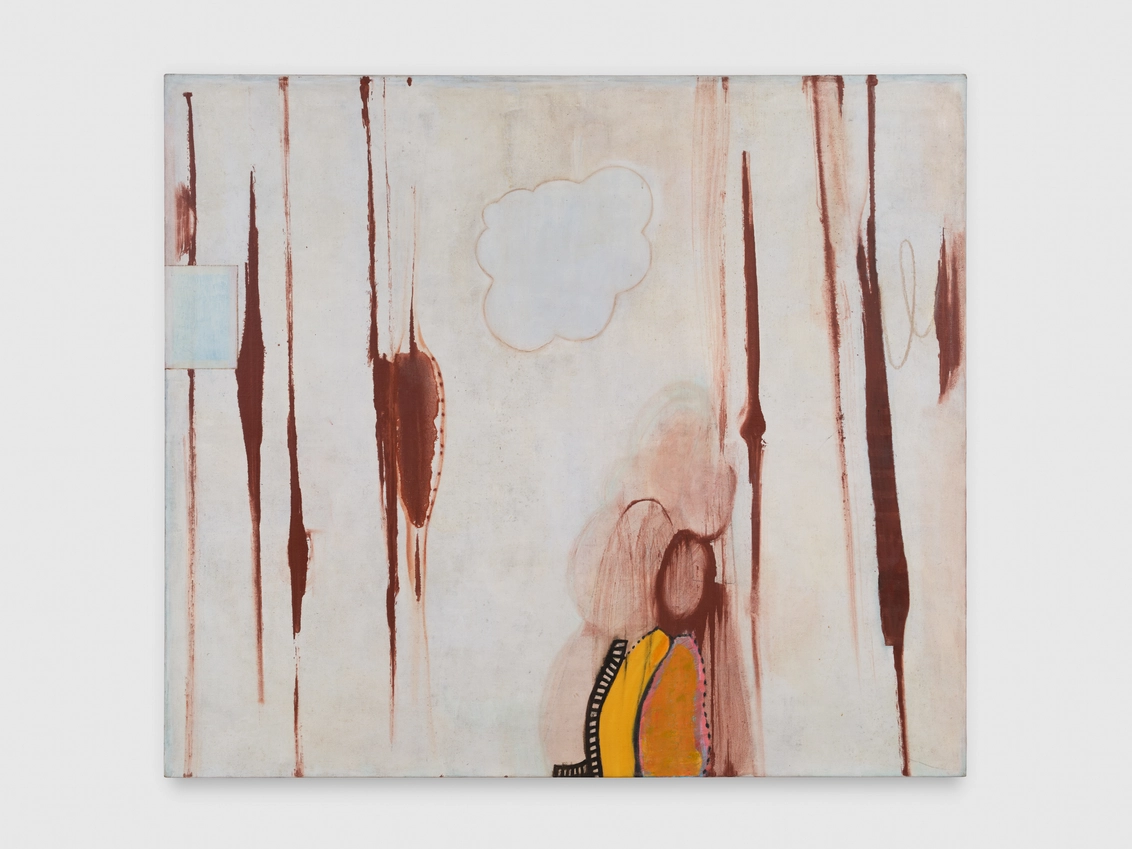 Abstract painting featuring a figure in orange, surrounded by vertical lines and a cloud-like shape above. The background is light-colored with earthy tones.