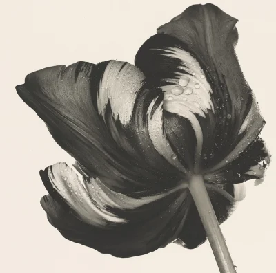 A close-up of a black and white flower petal with droplets of water on its surface.