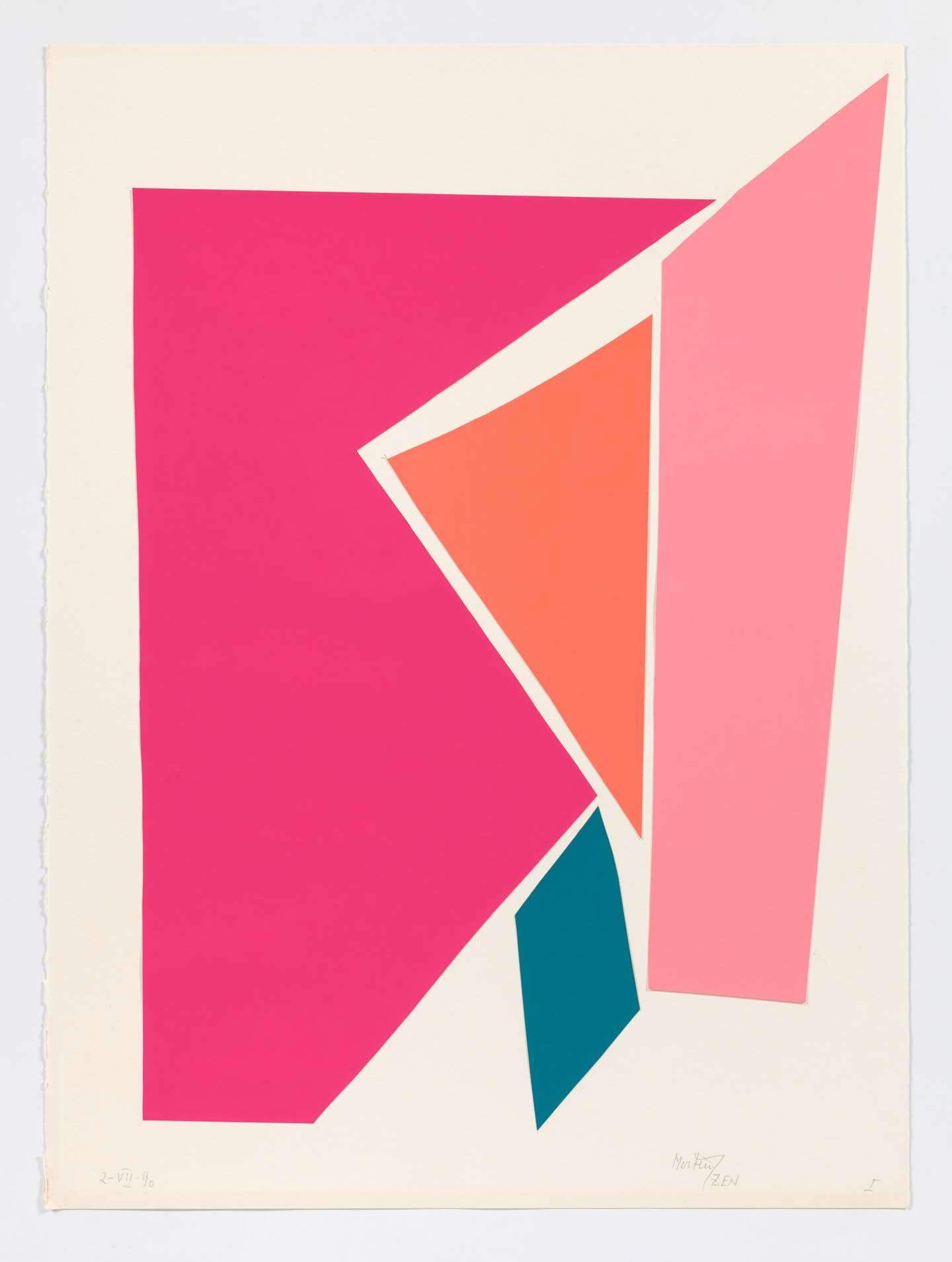 Abstract geometric composition featuring bold shapes in pink, coral, and teal on a light background.