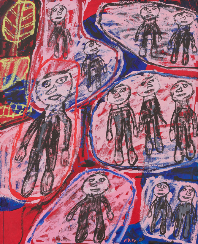 A colorful drawing featuring several abstract figures with distinct facial features and limbs, set against a vibrant background of red, blue, and yellow shapes. | 2026 Waddington Custot