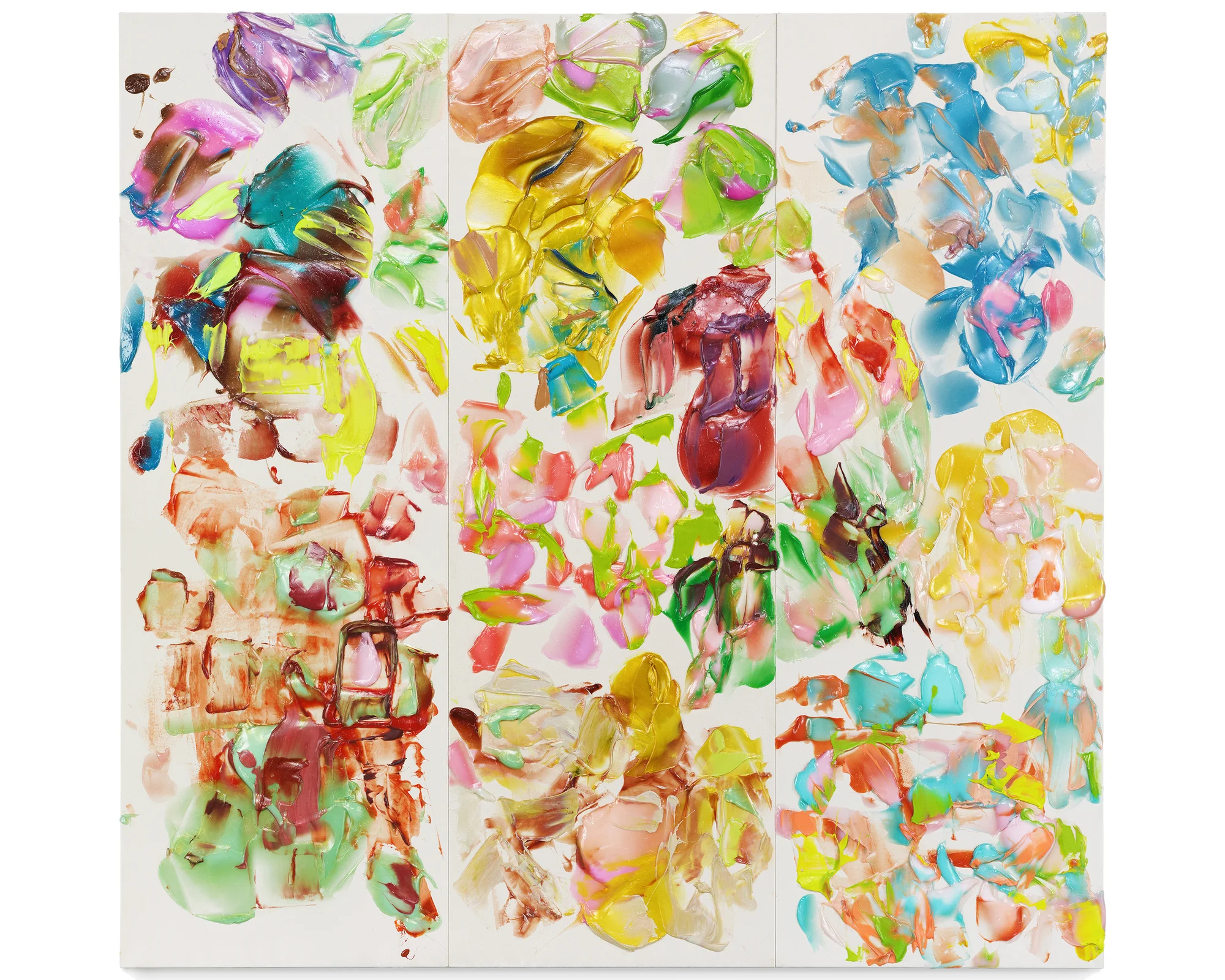 A colorful abstract painting featuring vibrant splashes of paint in various hues, including greens, yellows, pinks, and blues, arranged across a white canvas. | 2026 Pace Gallery